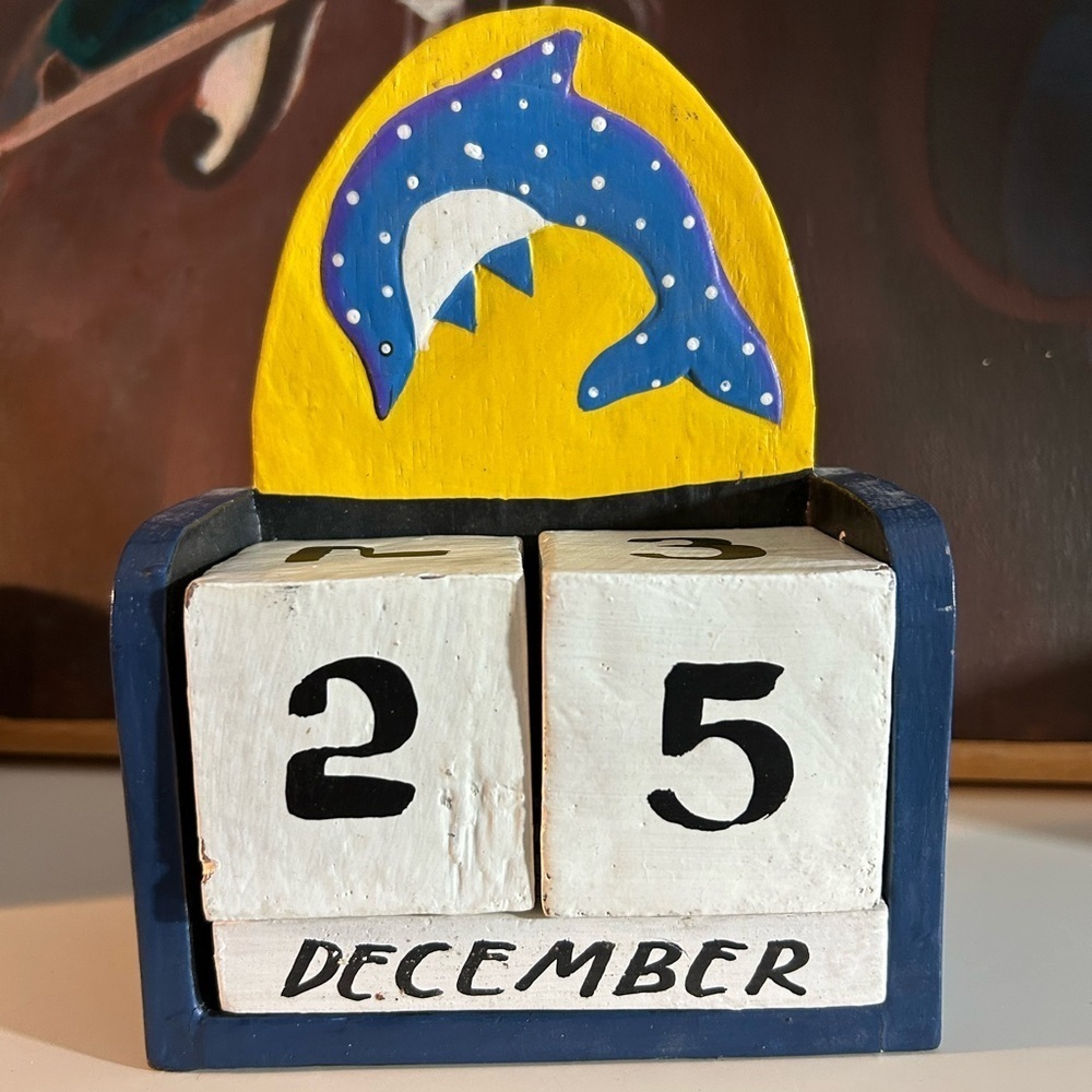 Hand Carved Dolphin Perpetual Calendar Wooden Desk Calendar Folk Art Decor